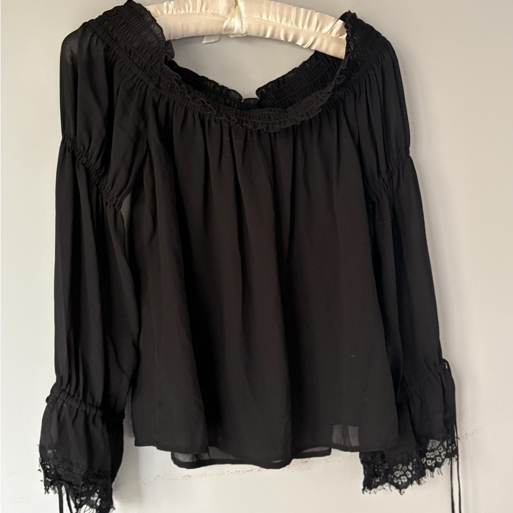 The Kooples Black Off-Shoulder Smocked Peasant Blouse with Lace Cuffs